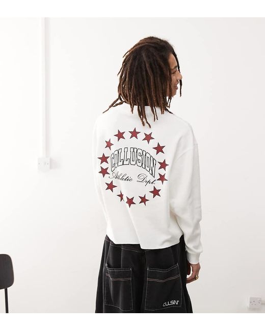 Collusion White Long Sleeve Skater Dept Varsity T-shirt With Back Graphic for men