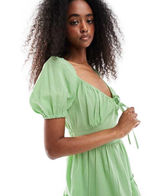 Wednesday's Girl Green Milkmaid Linen Blend Dress