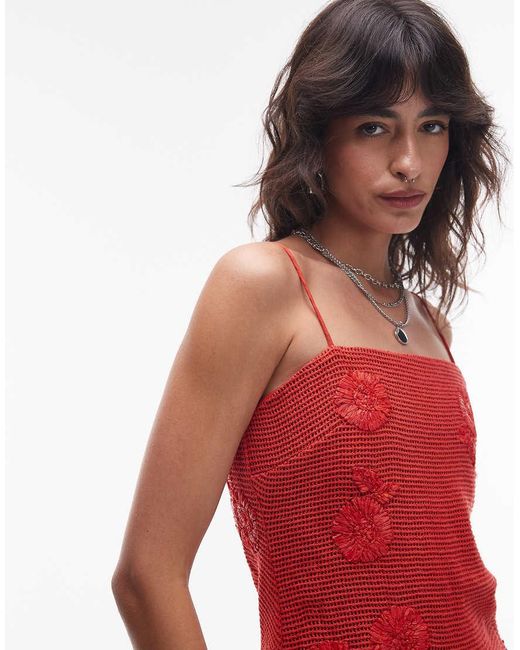 TOPSHOP Red Dropped Waist Raffia Bodest Midi Sundress