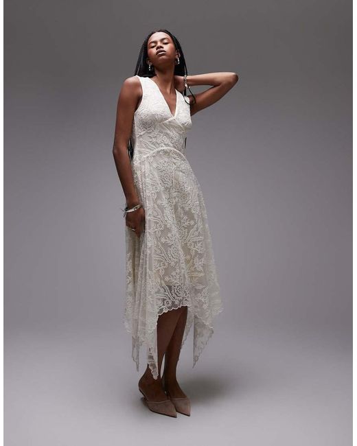 & Other Stories Gray Lace Midaxi Dress With Drop Waist And Handkerchief Hem