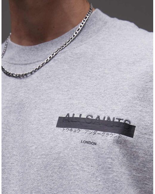 AllSaints Gray Redact Oversized Embroidered Logo T-Shirt for men