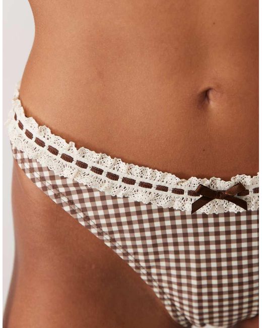The Frolic Brown Exclusive Lace Trim Bow Front High Leg Bikini Bottoms Co-Ord