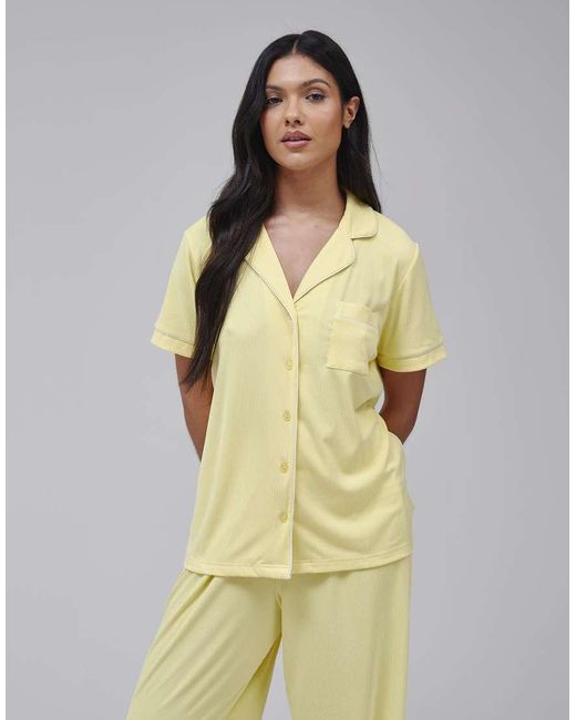 Loungeable Metallic Super Soft Jersey Rib Traditional Short Sleeve Long Pant Set