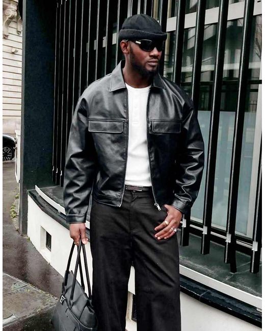 Bershka Black Boxy Faux Leather Jacket for men