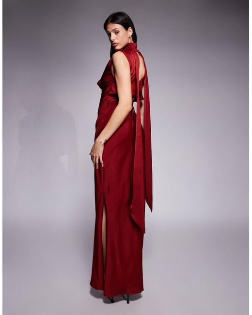 ASOS Red Asos Design Tall Satin Cowl Neck Midi Dress With Scarf Neck Ties And Twist Back