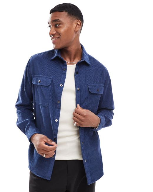 ASOS Blue Cord Overshirt With Poppers for men