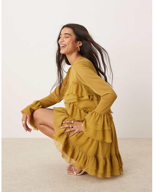 ASOS Yellow Long Sleeve Ruffle Tiered Mini Dress