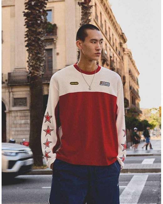 Bershka Red Waffle Racing Long Sleeve T-Shirt for men