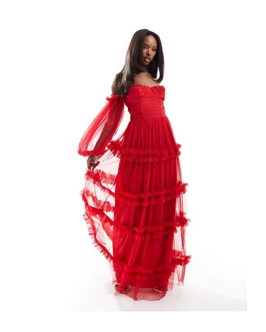 LACE & BEADS Red Sheer Sleeve Tulle Ruffle Maxi Dress