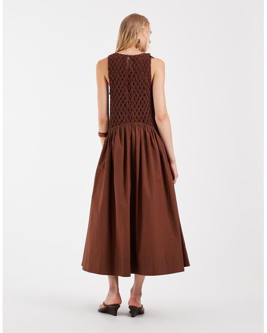ASOS Brown Macrame Dropped Waist Maxi Dress With Poplin Skirt