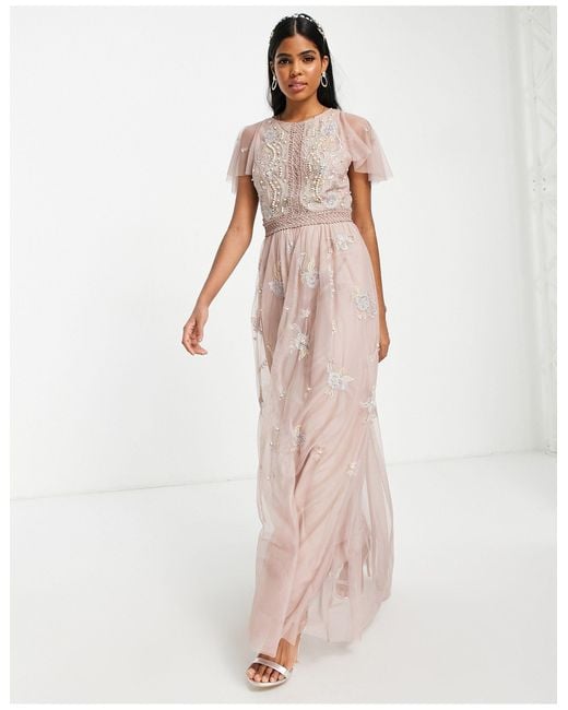ASOS Pink Bridesmaid Pearl Embellished Flutter Sleeve Maxi Dress With Floral Embroidery