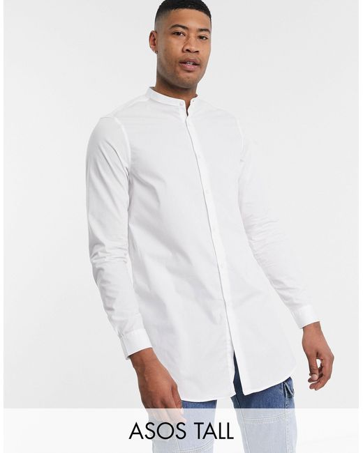 ASOS White Tall Regular Fit Super Longline Shirt With Grandad Collar for men