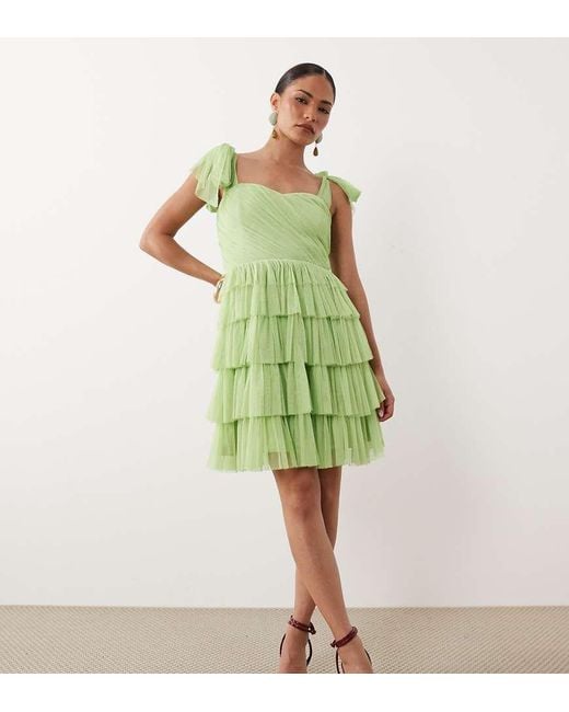 LACE & BEADS Green Ophelia Tie Sleeve Ruched Tiered Mini Dress