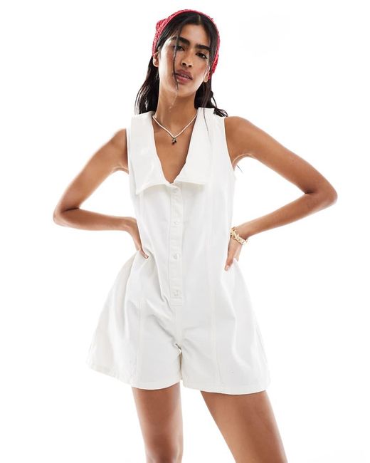 Miss Selfridge Denim Playsuit Met Wassing in het White