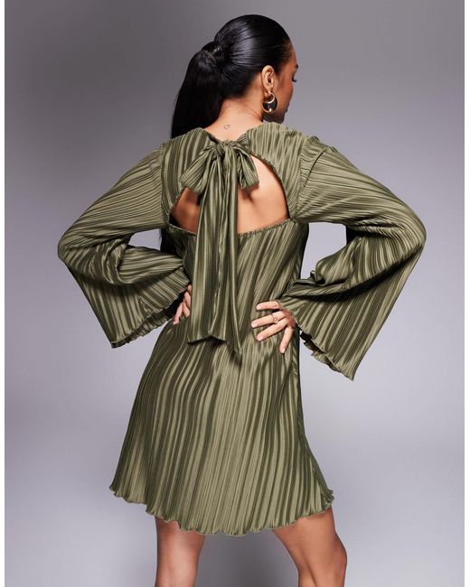 ASOS Plisse Wide Sleeve Mini Dress With Back Bow Detail in Green | Lyst