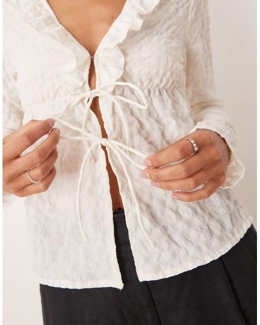 Brave Soul Natural Seersucker Frill Collar Tie Front Blouse