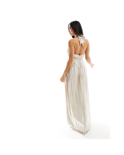 TFNC London Natural Bridesmaid Satin Pleated Halterneck Maxi Dress With Full Skirt