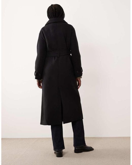 Gina Tricot Black Wool Belted Midaxi Coat With Funnel Neck Detail
