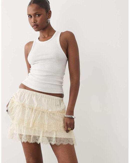 The Frolic Natural Exclusive Satin And Lace Ruffle Tiered Mini Skirt