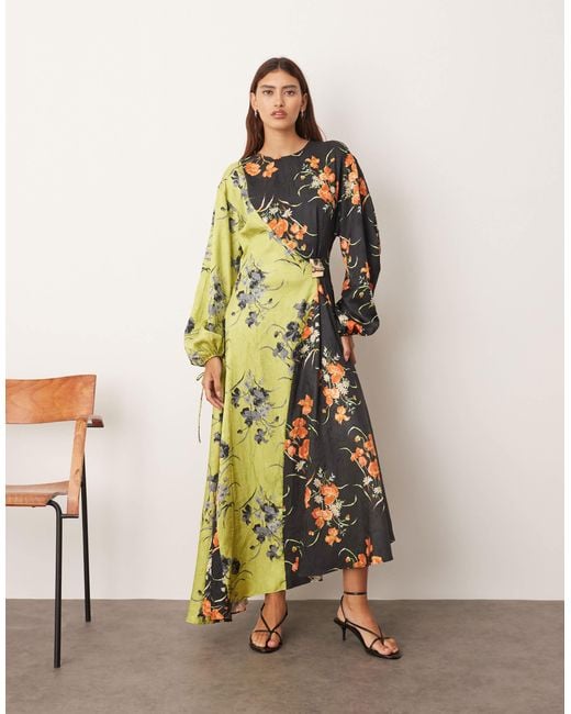 ARRANGE Multicolor Crinkle Satin Long Sleeve Maxi Dress With Trim