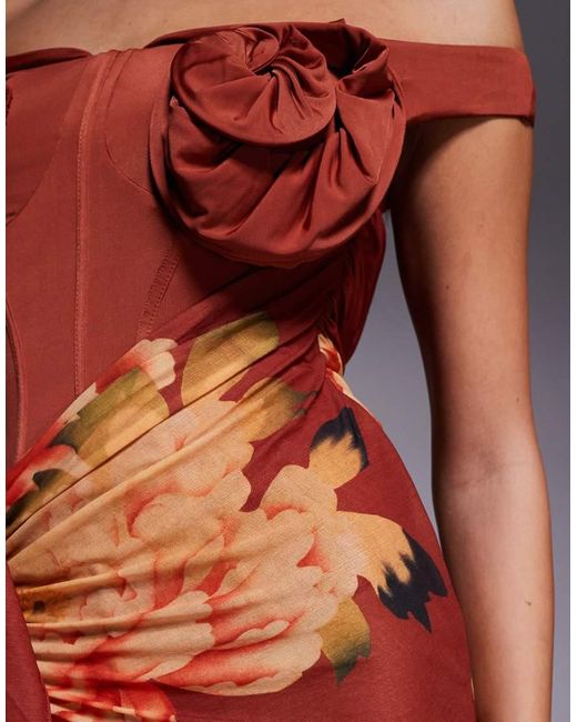 ASOS Orange Floral Bust Detail Bardot Maxi Dress With Draped Skirt