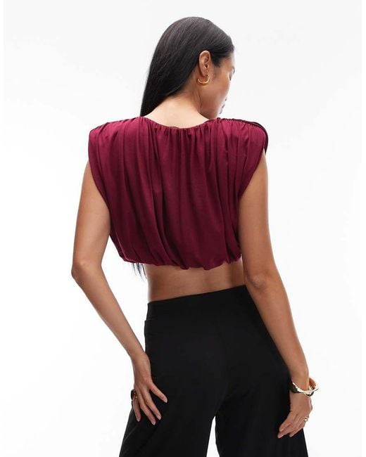 ASOS Red Shoulder Pad Detail Bubble Hem Top With Gathers