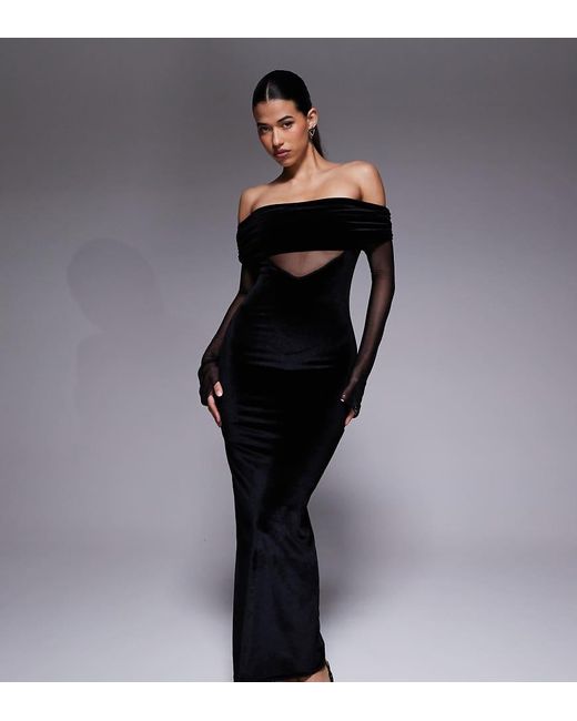 Kaiia Black Exclusive Foldover Bardot Sheer Sleeve Velvet Maxi Dress