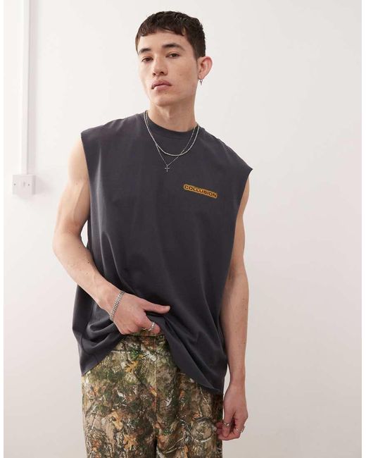 Collusion Natural Washed Tank Vest Top With Print for men