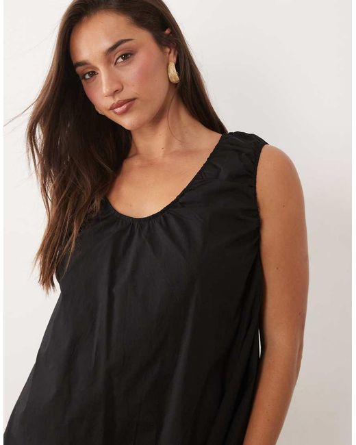 Fashionkilla Black Exclusive Cotton Rich Poplin Scoop Ruched Neck Detail Trapeze Mini Dress