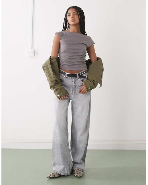 Weekday Gray Semi Sheer Drape Neck Top