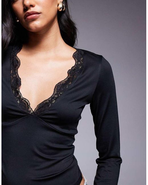 ASOS Blue Slinky Lace Trim Long Sleeve Deep V Neck Top