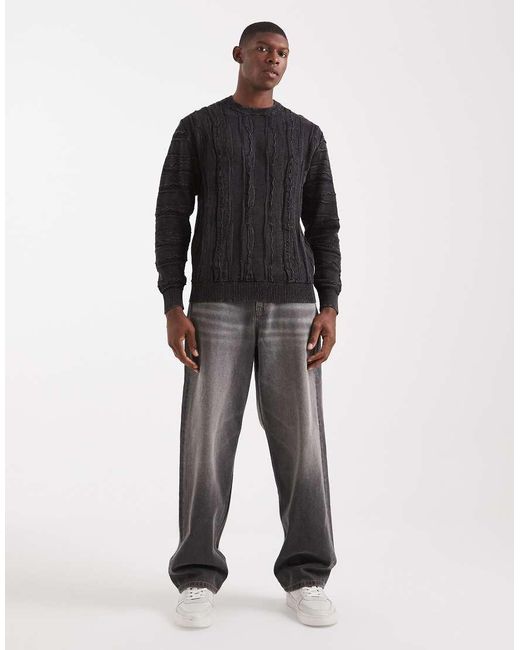 Redefined Rebel Black Boxy Knitted Cable Jumper for men