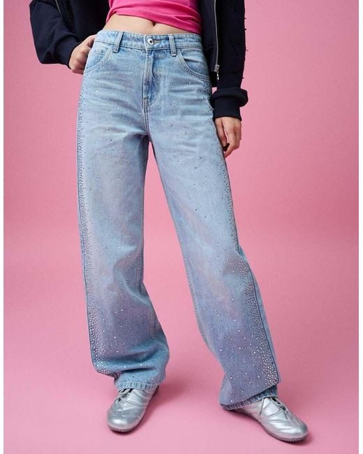 Bershka Pink High-waist Shimmery Straight Wide-leg Jeans