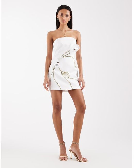 JW PEI White Bandeau 3D Orchid Floral Printed Applique Tailored Mini Dress