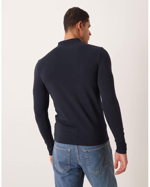 ASOS Blue Essentials Muscle Fit Long Sleeve Polo Shirt for men