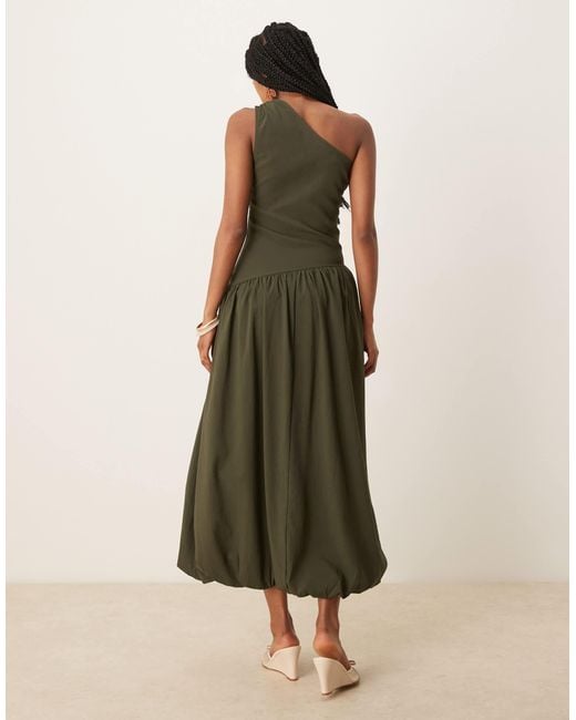 Mango Green One Shoulder Drop Waist Maxi Dress With Soft Bubble Hem