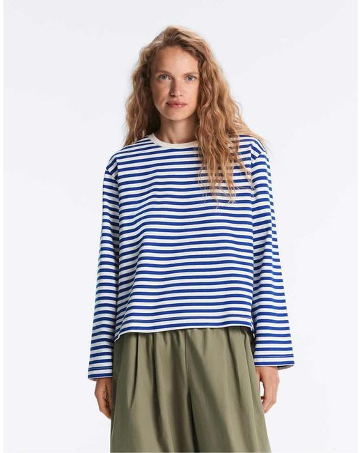 Oysho Blue Striped Long-sleeved Cotton T-shirt