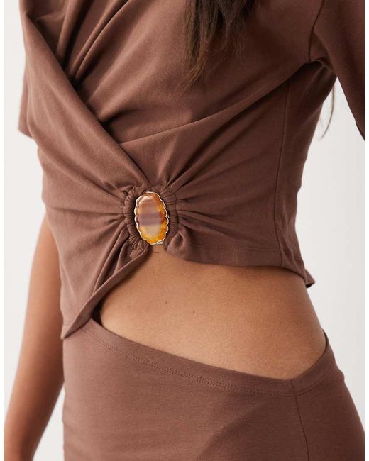 ASOS Brown Short Sleeve With Knot Detail And Cut Out Midi Dress