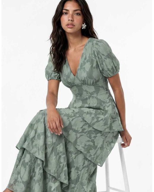 ANAYA Green Floral Burnout Short Sleeve Tiered Maxi Dress