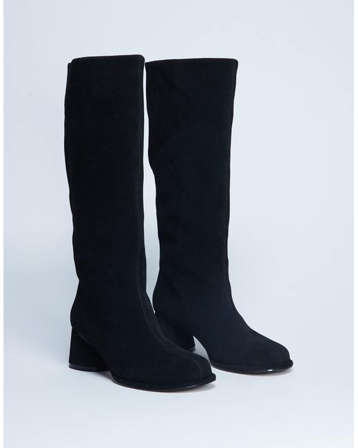 Thea - bottes hauteur genou en daim véritable à talon carré TOPSHOP en coloris Black