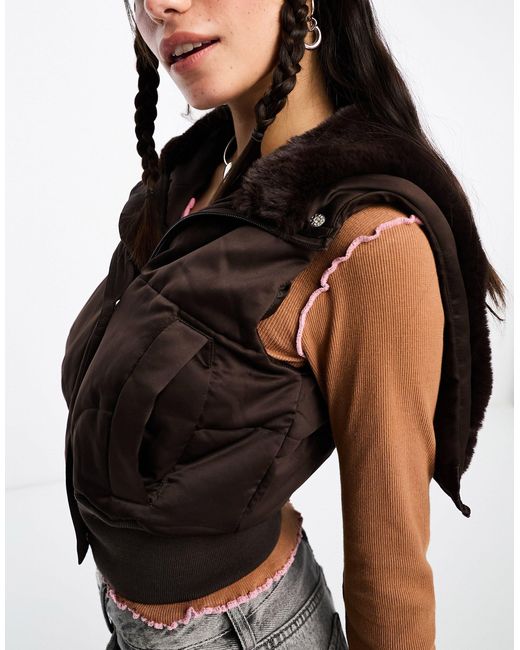 Collusion Brown Y2k Satin Hybrid Gilet With Faux Fur Hood