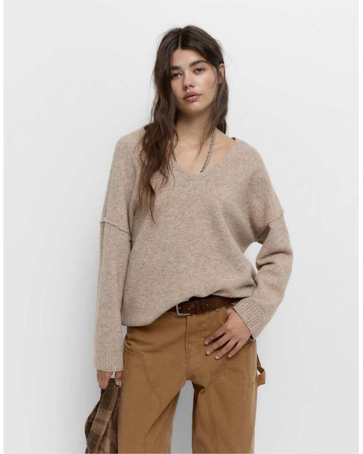 Pull&Bear Natural Soft Knit V-Neck Sweater