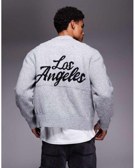 ADPT Gray Oversized Knit Jumper With Los Angeles Print for men