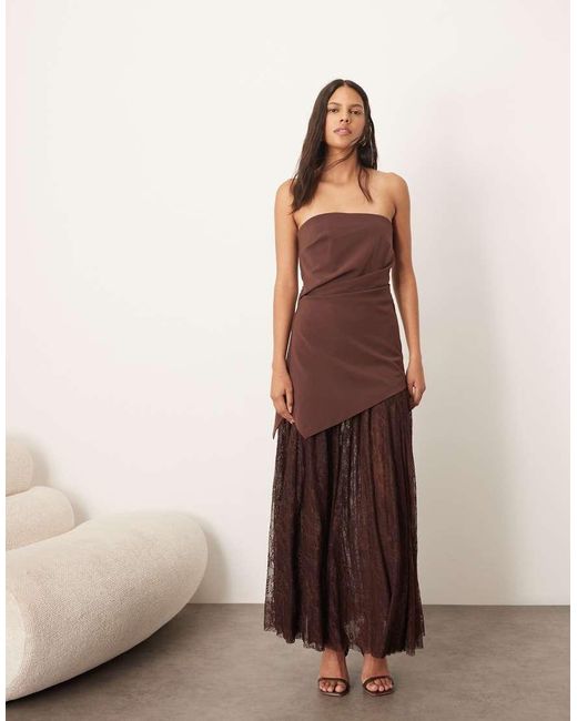 ARRANGE Brown Longline Asymmetric Bandeau Maxi Dress With Lace Skirt