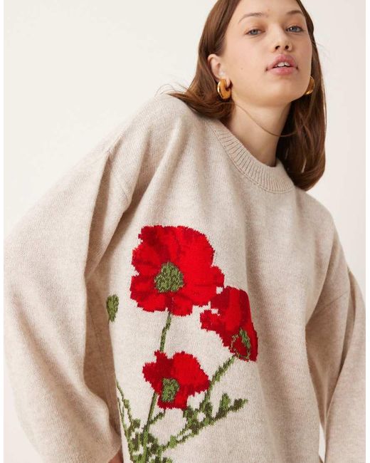 ASOS Natural Fluffy Boxy Jumper With Floral Design