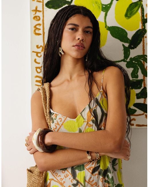 TOPSHOP Metallic Crinkle Mesh Bradley.b Lemon Print Maxi Dress