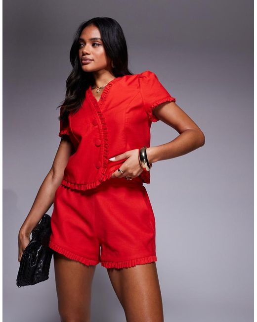 River Island Red Linen Blend Ruffle Shorts
