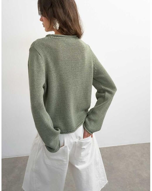 TOPSHOP Green Knitted Long Sleeve Top With Roll Hem Trims