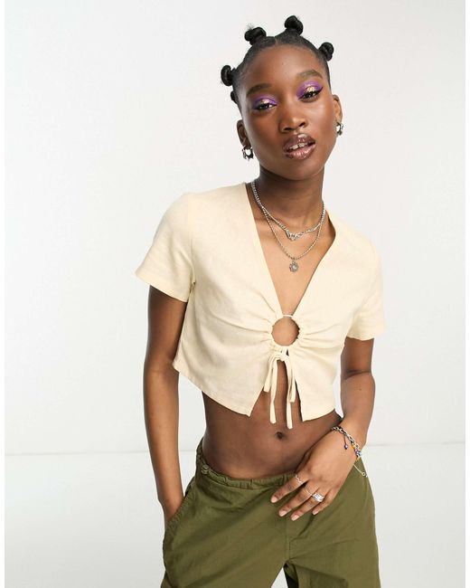 Daisy Street White Tie Front Linen Cami Crop Top-neutral