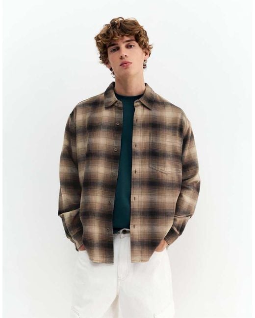 Pull&Bear Brown Long Sleeve Check Shirt for men